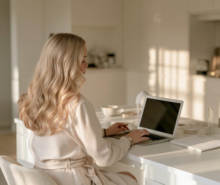 Woman working on a laptop at a white table in a sunlit room