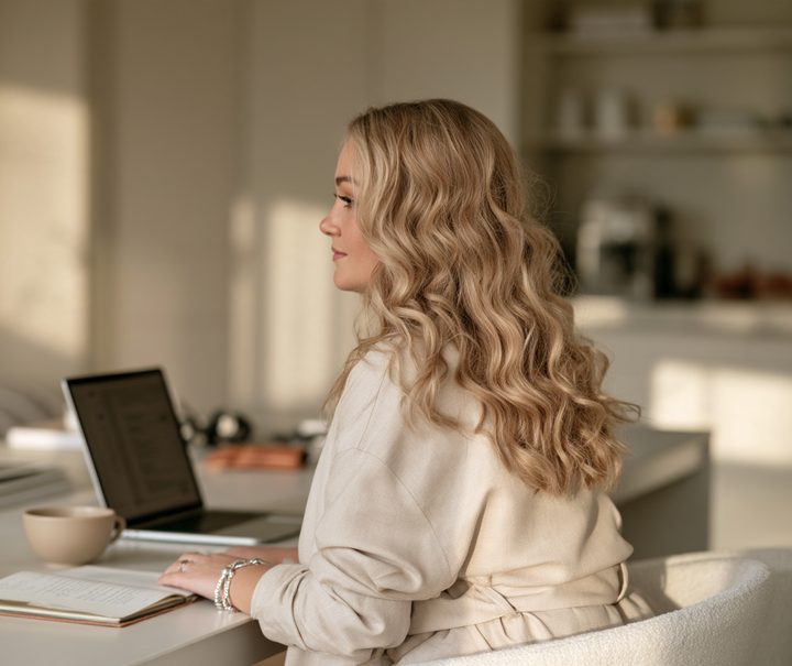 Woman with long wavy hair working on a laptop at a desk in a bright living room