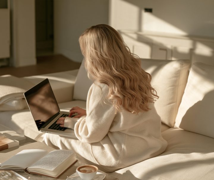 Woman sitting on a cream sofa working on a laptop with a notebook and coffee