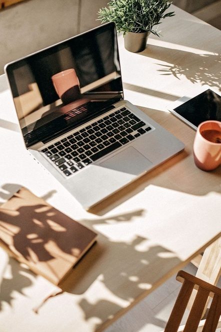 Open laptop on a sunlit desk with a notebook and a plant