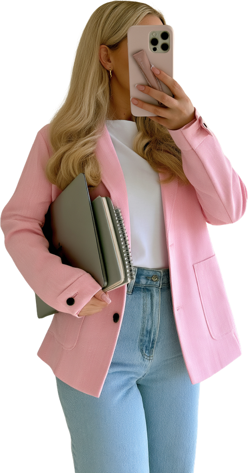Woman in a pink blazer and jeans holding a laptop and notebook, taking a mirror photo