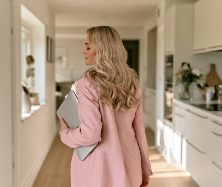 Woman in a pink blazer carrying a laptop down a bright hallway